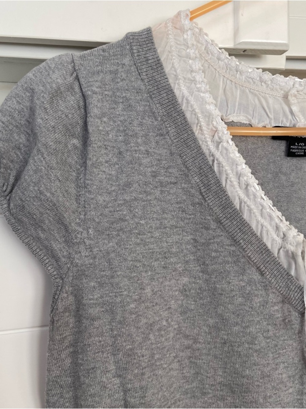 Gray V-Neck Knit Top with White Lace Trim - Picture 2 of 4